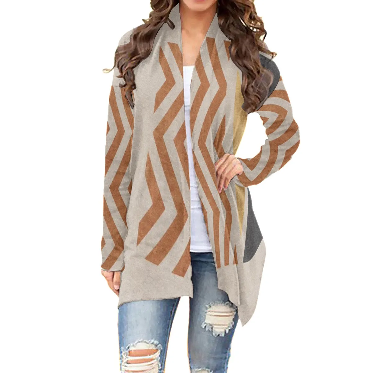 15All-Over Print Women's Cardigan With Long Sleeve rust and beige print