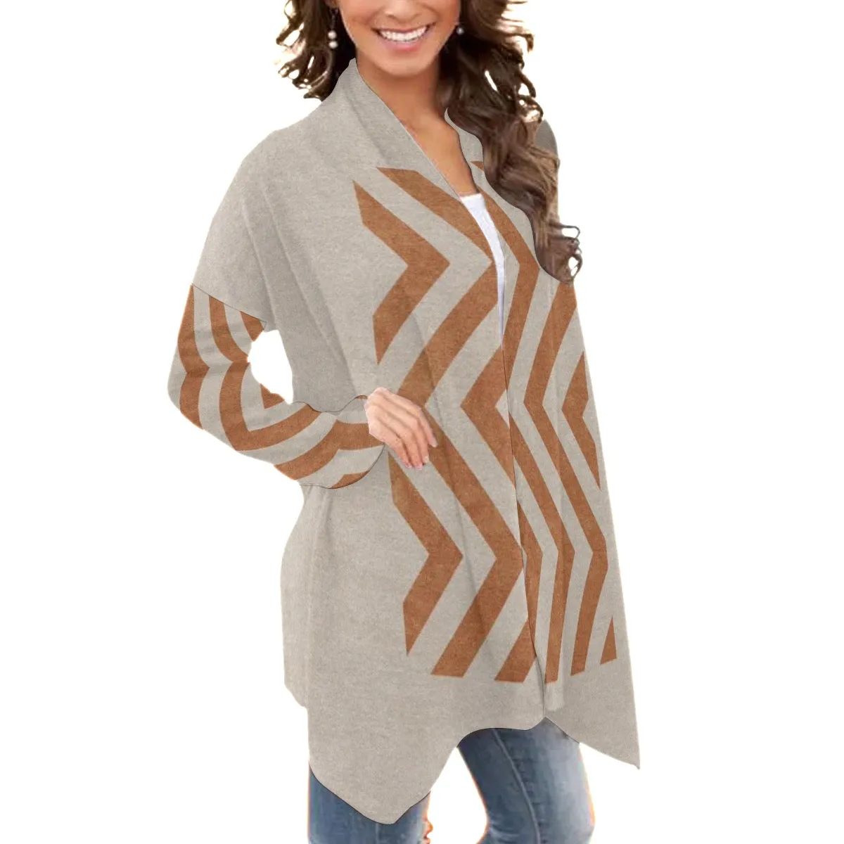 15All-Over Print Women's Cardigan With Long Sleeve rust and beige print