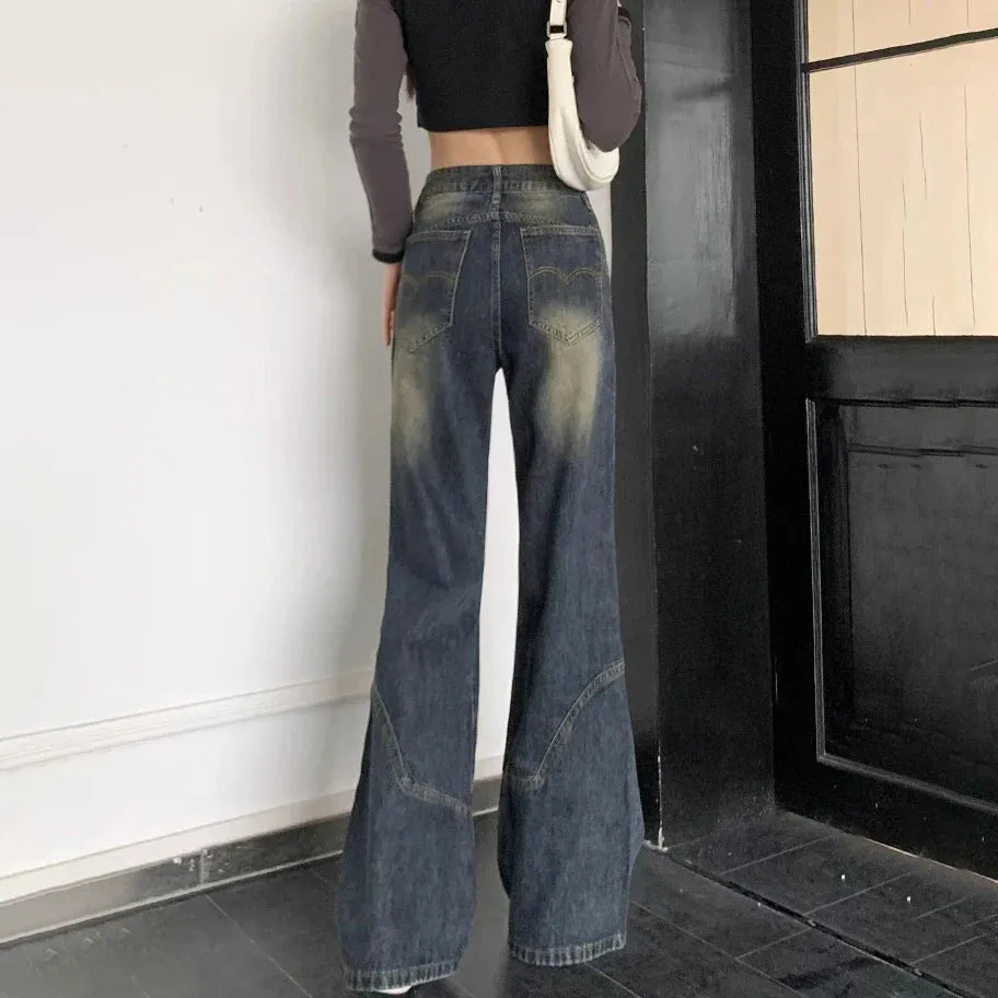 Americanretro Cement Grey Straight Female Autumn Winter New Thin High-waisted Loose Wide-Legged Jeans