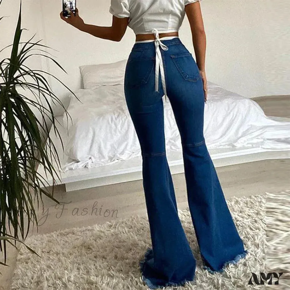 Amy Fashion - 2024 Spring Summer Flare for Woman Ripped Raw Edge Flared Women's Butt-lifting High Waisted Denim Jean