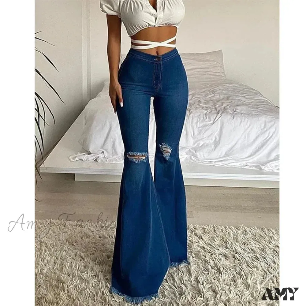 Amy Fashion - 2024 Spring Summer Flare for Woman Ripped Raw Edge Flared Women's Butt-lifting High Waisted Denim Jean