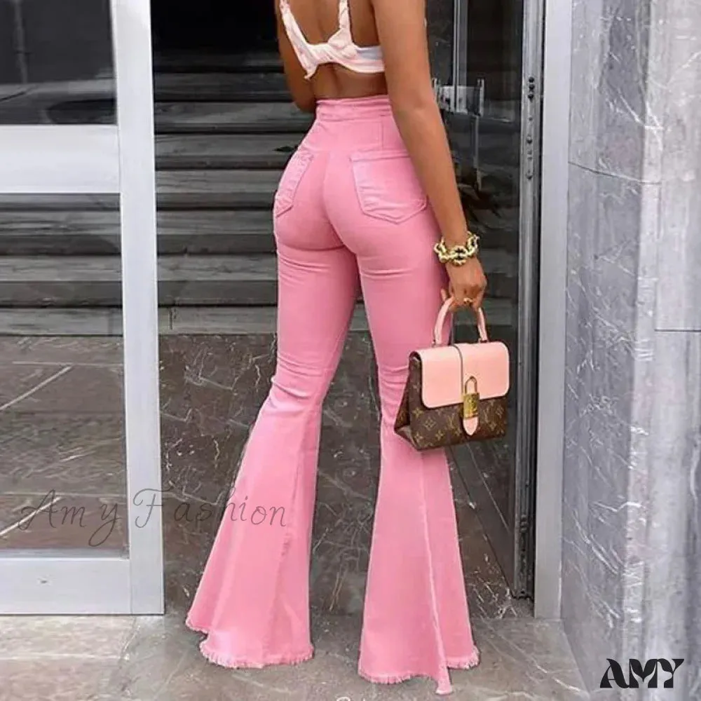 Amy Fashion - 2024 Spring Summer Flare for Woman Ripped Raw Edge Flared Women's Butt-lifting High Waisted Denim Jean
