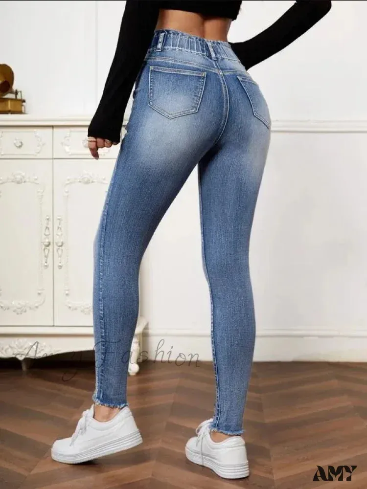 Amy Fashion - High Stretch Ripped Casual Fashion Elastic Waist Skinny Slim Autumn Jean