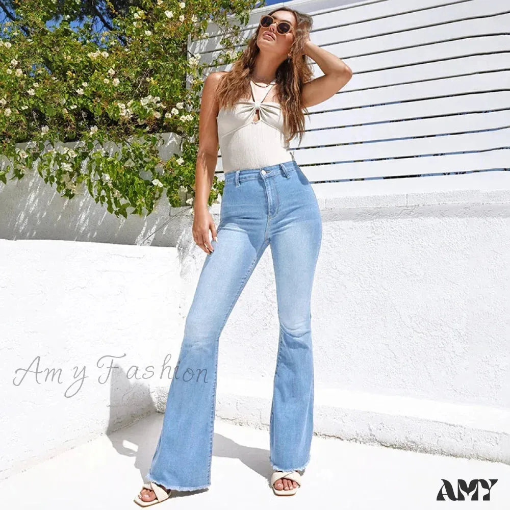 Amy Fashion - Women Flare Vintage Fashion Stretch Pocket Casual Loose Streetwear High Waist Urban Female Flare Trouser Women's Jean