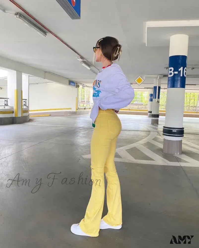 Amy Fashion - Yellow Ripped Women Flare Lady Stretch Vintage High Waist Denim Pants Lady Y2K Punk Streetwear Slim Bell Bottom Trousers Jean