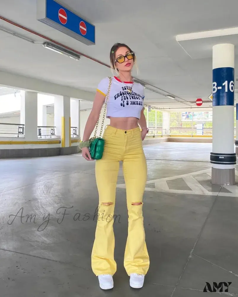 Amy Fashion - Yellow Ripped Women Flare Lady Stretch Vintage High Waist Denim Pants Lady Y2K Punk Streetwear Slim Bell Bottom Trousers Jean