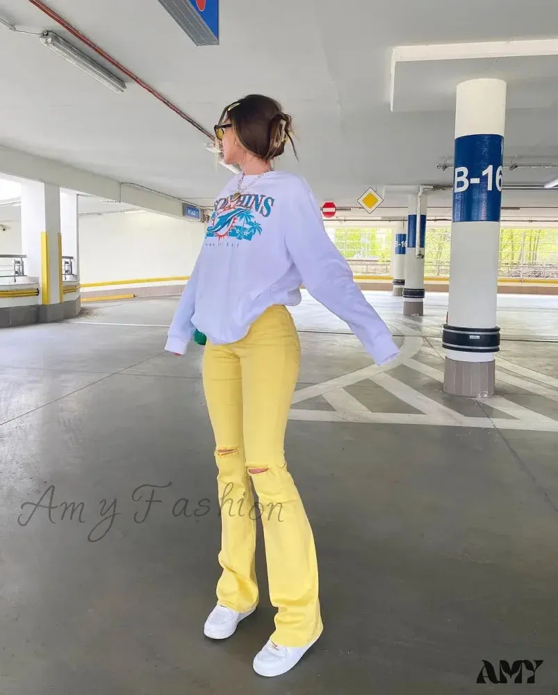 Amy Fashion - Yellow Ripped Women Flare Lady Stretch Vintage High Waist Denim Pants Lady Y2K Punk Streetwear Slim Bell Bottom Trousers Jean