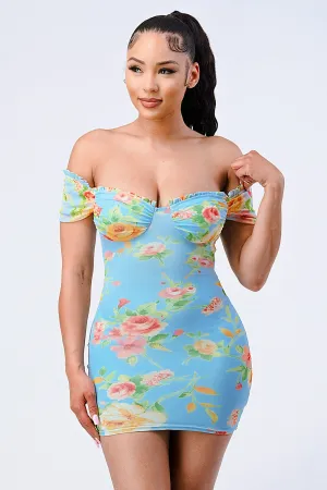 ANTIQUE FLORAL OFF SHOULDER RUFFLED SWEETHEART DRESS