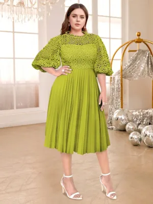 AOMEIDRESS Lace Patchwork Lantern Sleeves Hollow Out Pleated Dress