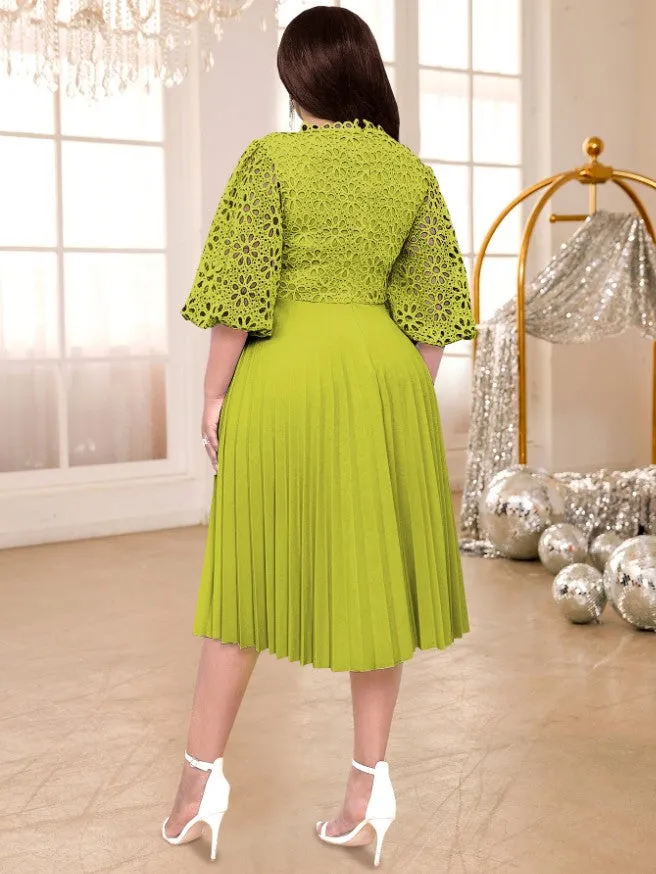 AOMEIDRESS Lace Patchwork Lantern Sleeves Hollow Out Pleated Dress