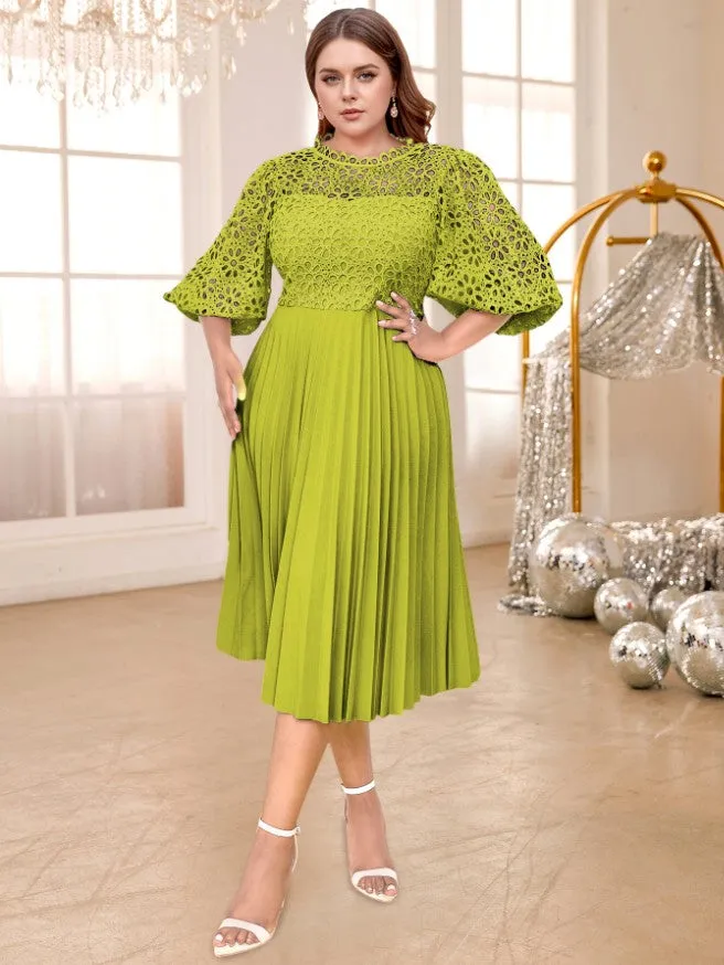 AOMEIDRESS Lace Patchwork Lantern Sleeves Hollow Out Pleated Dress
