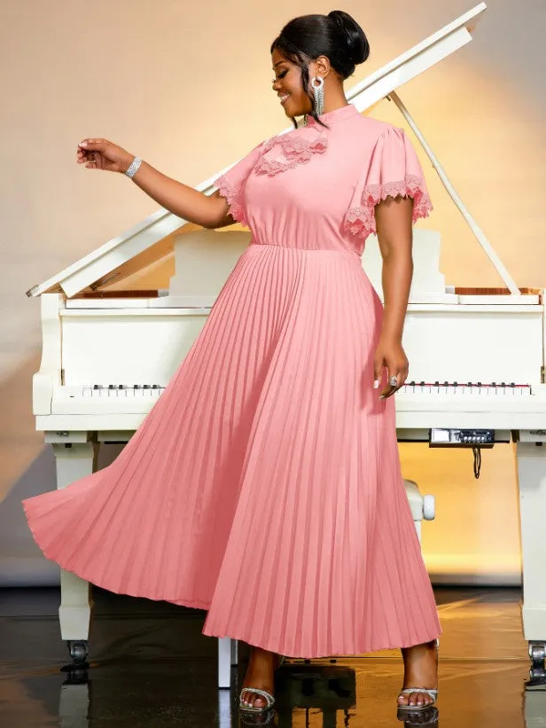AOMEIDRESS Pleated Dress Half High Collar Bowtie Butterfly Sleeves