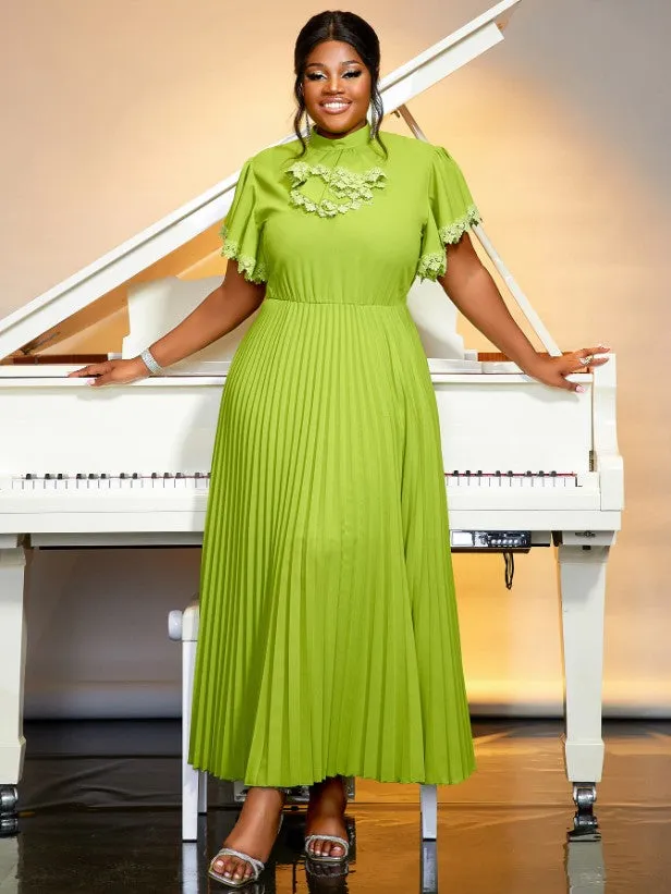 AOMEIDRESS Pleated Dress Half High Collar Bowtie Butterfly Sleeves