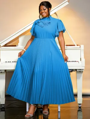 AOMEIDRESS Pleated Dress Half High Collar Bowtie Butterfly Sleeves