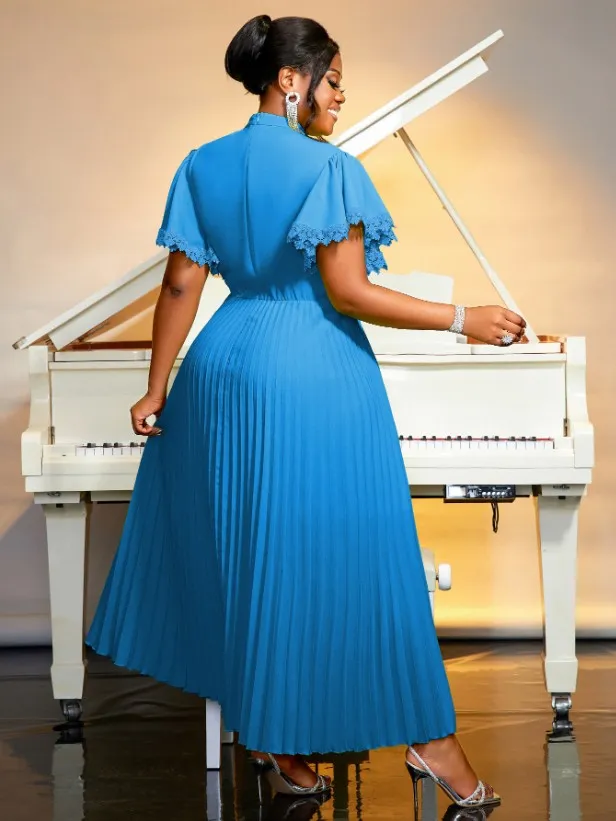 AOMEIDRESS Pleated Dress Half High Collar Bowtie Butterfly Sleeves