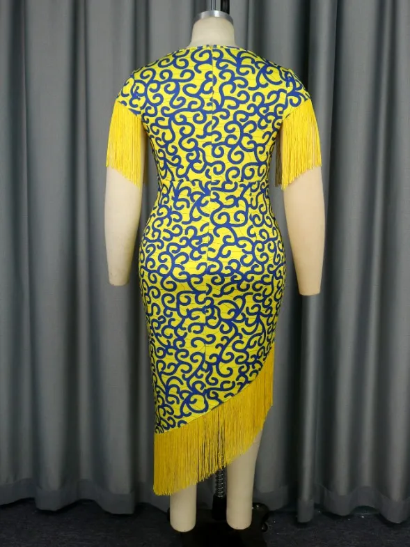 AOMEIDRESS Printed V Neck Tassel Sleeve Asymmetrical Bodycon Dress