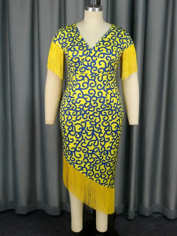 AOMEIDRESS Printed V Neck Tassel Sleeve Asymmetrical Bodycon Dress