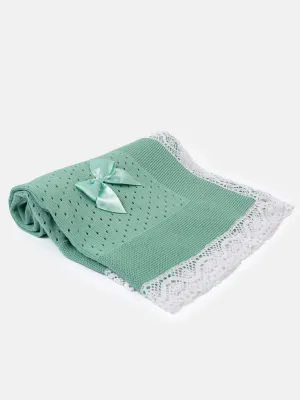 Baby Open Dot Knitted Spanish Blanket with Bow - Mint GREEN