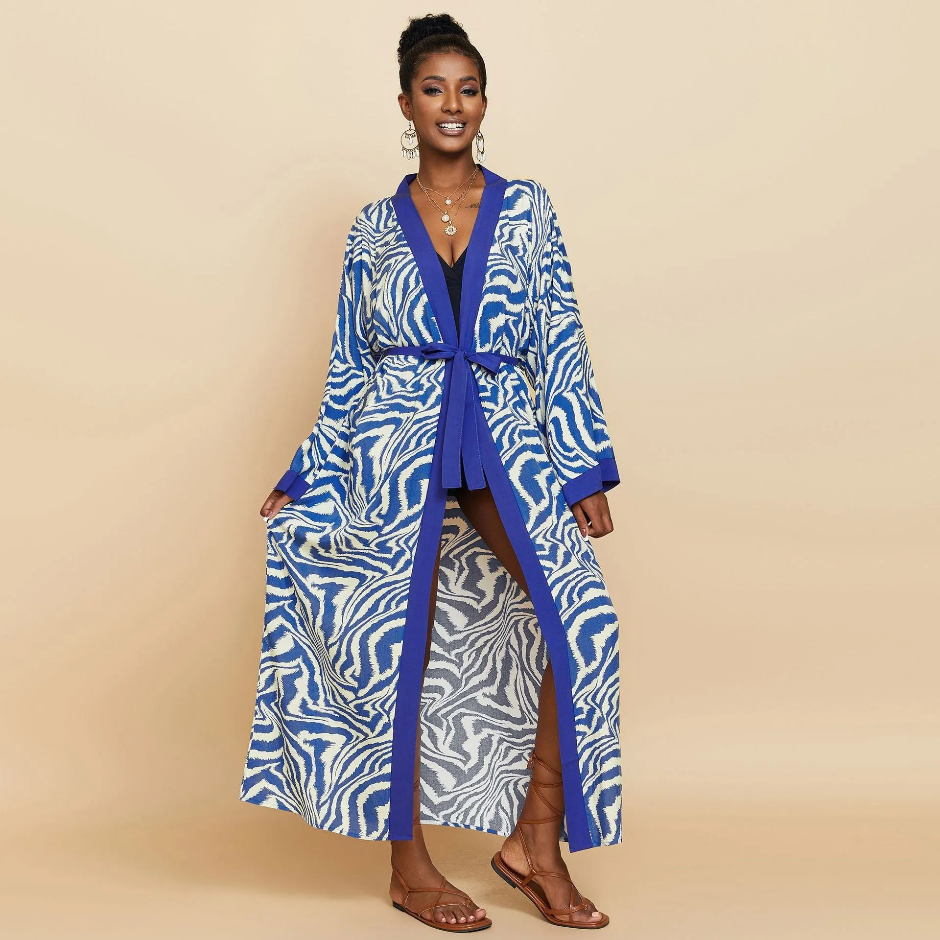 Beach Blouse Zebra Pattern Vacation Bikini Sunscreen Cardigan