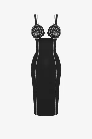 Black 3D Floral Applique Midi Dress