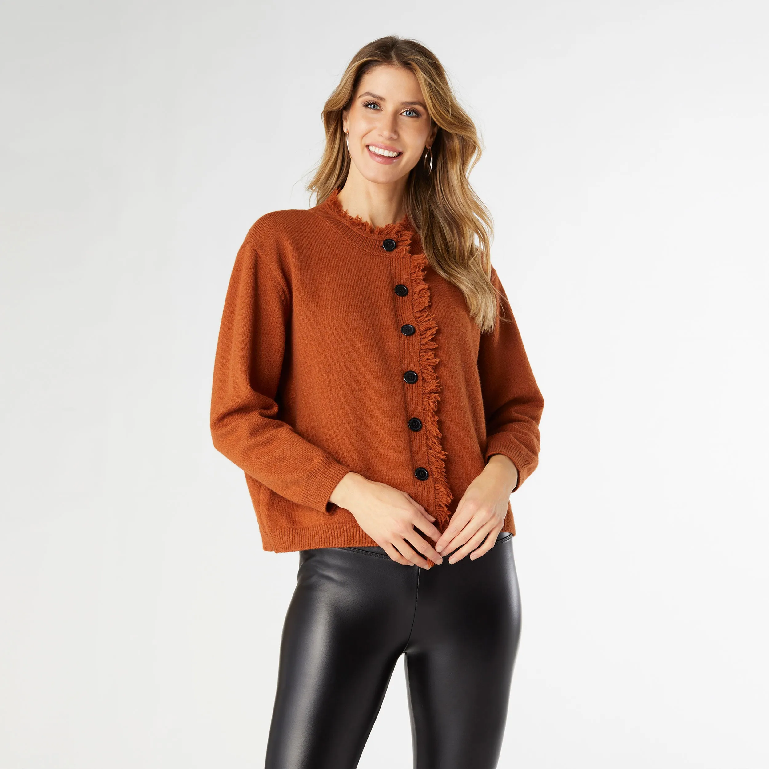 Celleste Button Front Cardigan with Fringe - Cognac