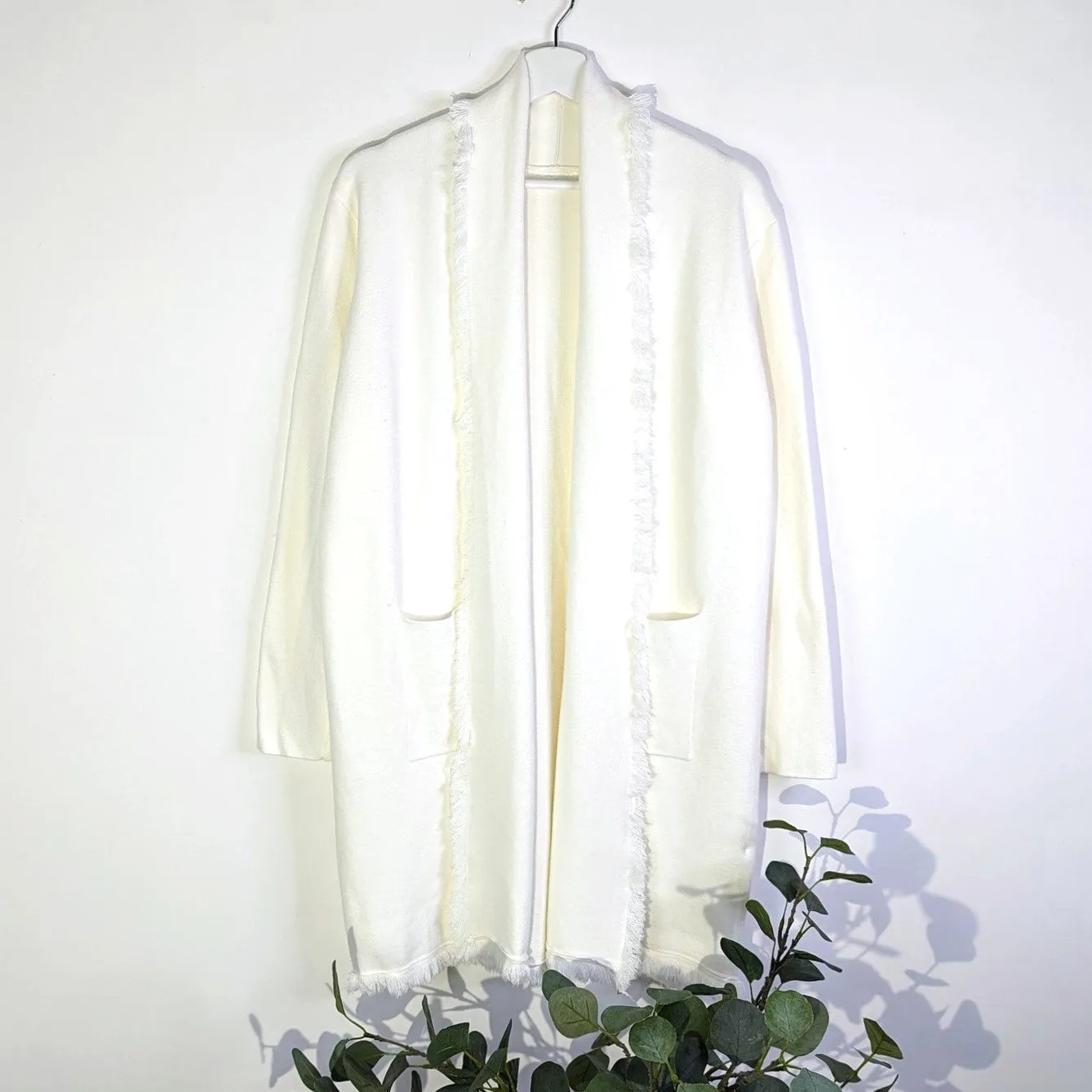 Coatigan with pockets and waterfall lapel with frayed edging detail