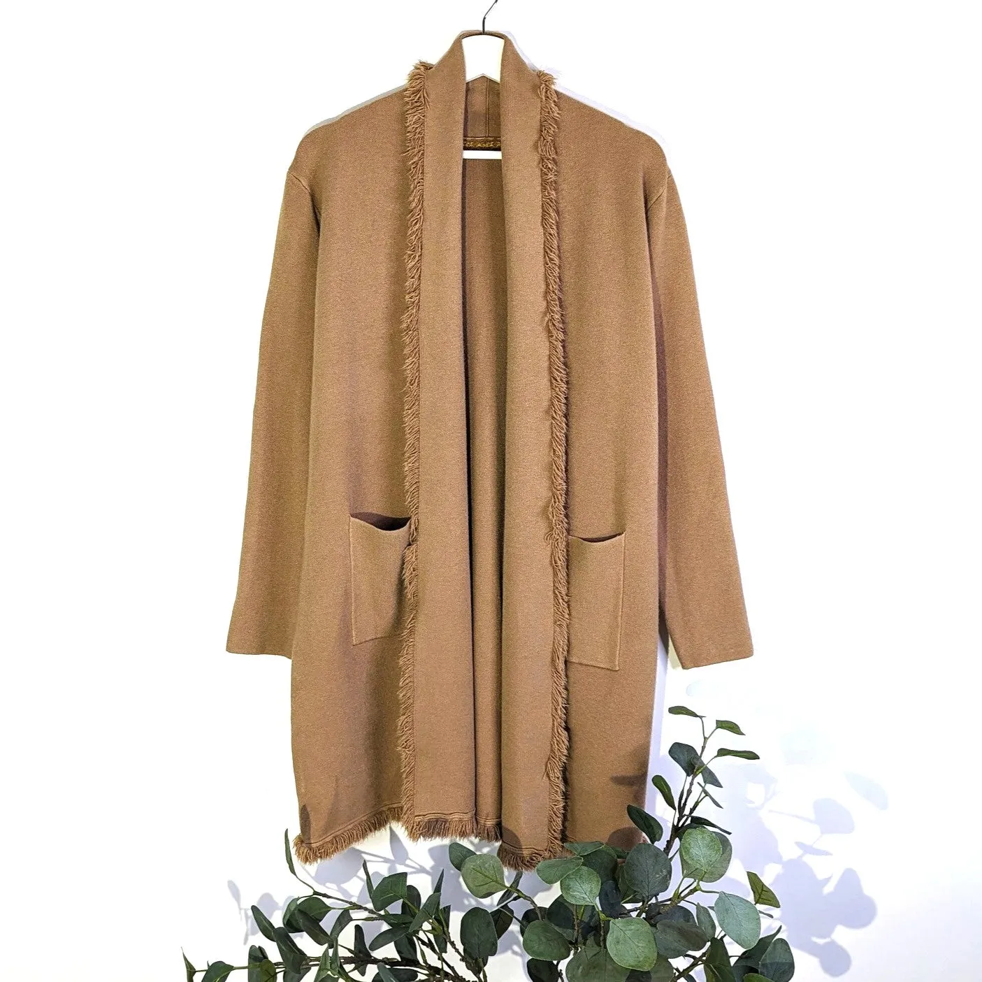 Coatigan with pockets and waterfall lapel with frayed edging detail