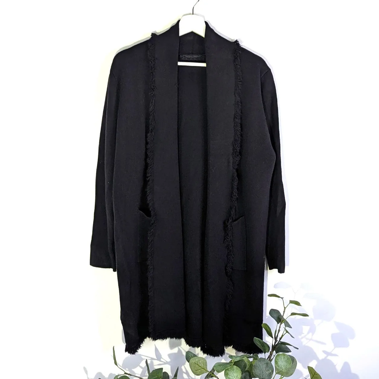 Coatigan with pockets and waterfall lapel with frayed edging detail
