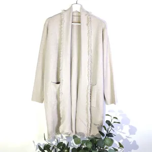 Coatigan with pockets and waterfall lapel with frayed edging detail
