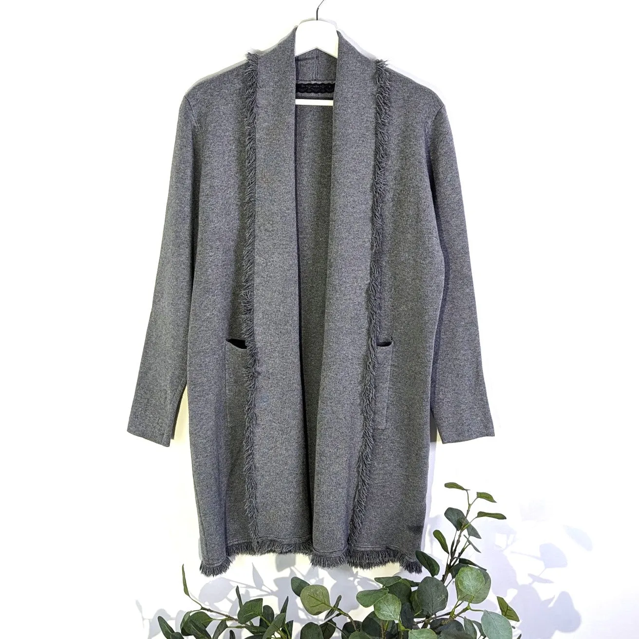 Coatigan with pockets and waterfall lapel with frayed edging detail