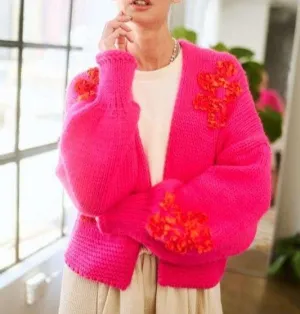 Davi & Dani Cardigan Floral Applique Open Front Hot Pink Oversized Soft Sweater