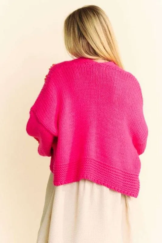 Davi & Dani Cardigan Floral Applique Open Front Hot Pink Oversized Soft Sweater