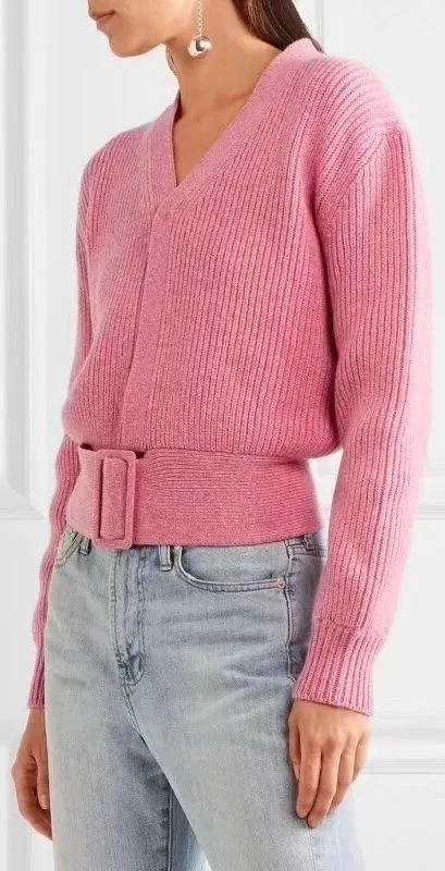 Faux-Cardigan Sweater with Belt, Pink