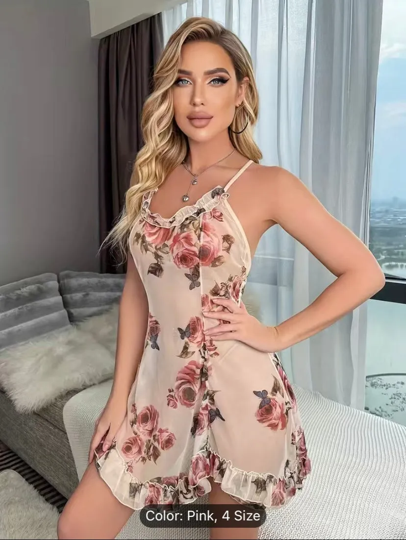 Floral Print Mesh Slip Dress, Criss Cross Back Ruffle Babydoll Frill Dress