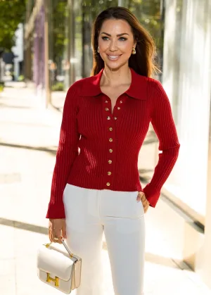 Georgia Ribbed Knit Polo Style Cardigan - Cherry Red