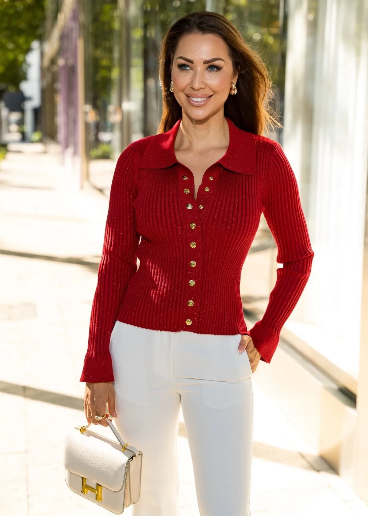 Georgia Ribbed Knit Polo Style Cardigan - Cherry Red