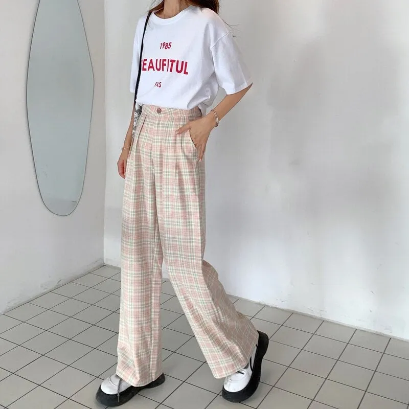 High-Waisted Pants With Plaid Pattern And Loose Fit