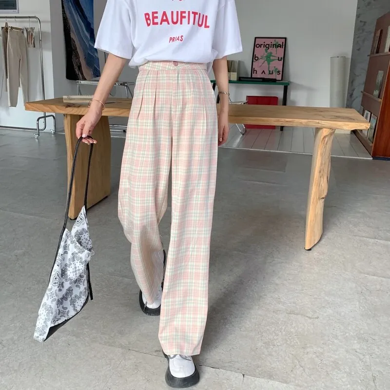 High-Waisted Pants With Plaid Pattern And Loose Fit