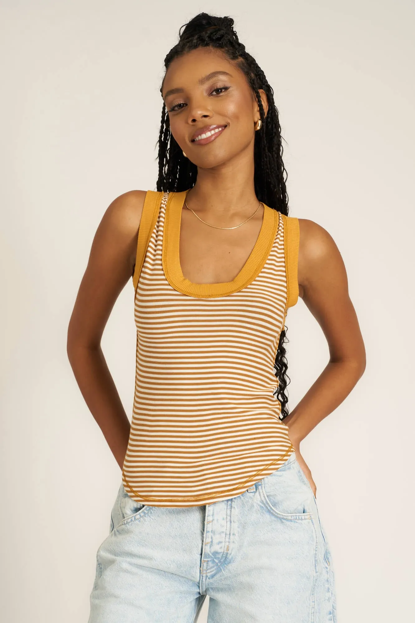 Hits Different Striped Ringer Tank - Golden Harvest Stripe