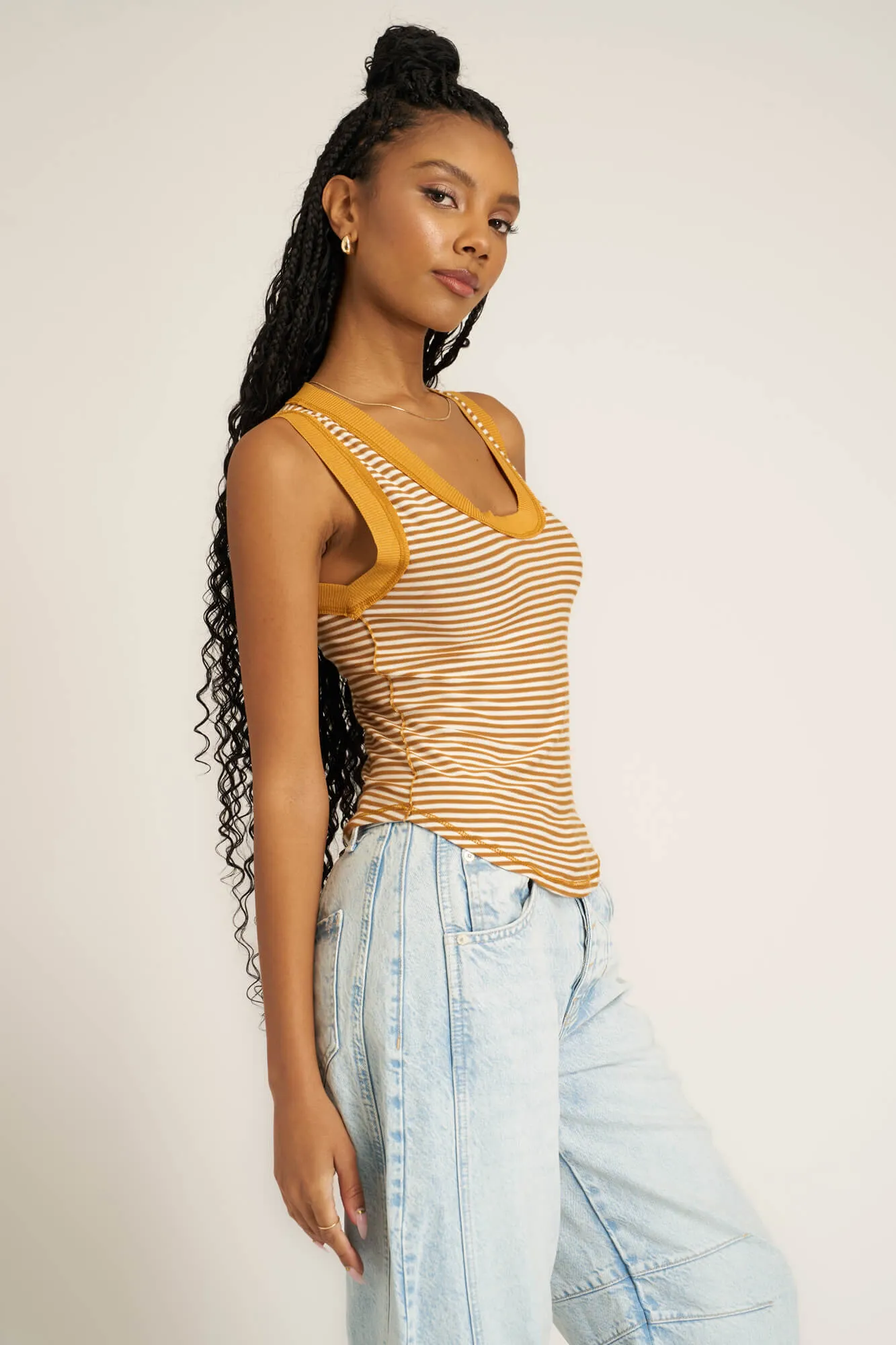Hits Different Striped Ringer Tank - Golden Harvest Stripe