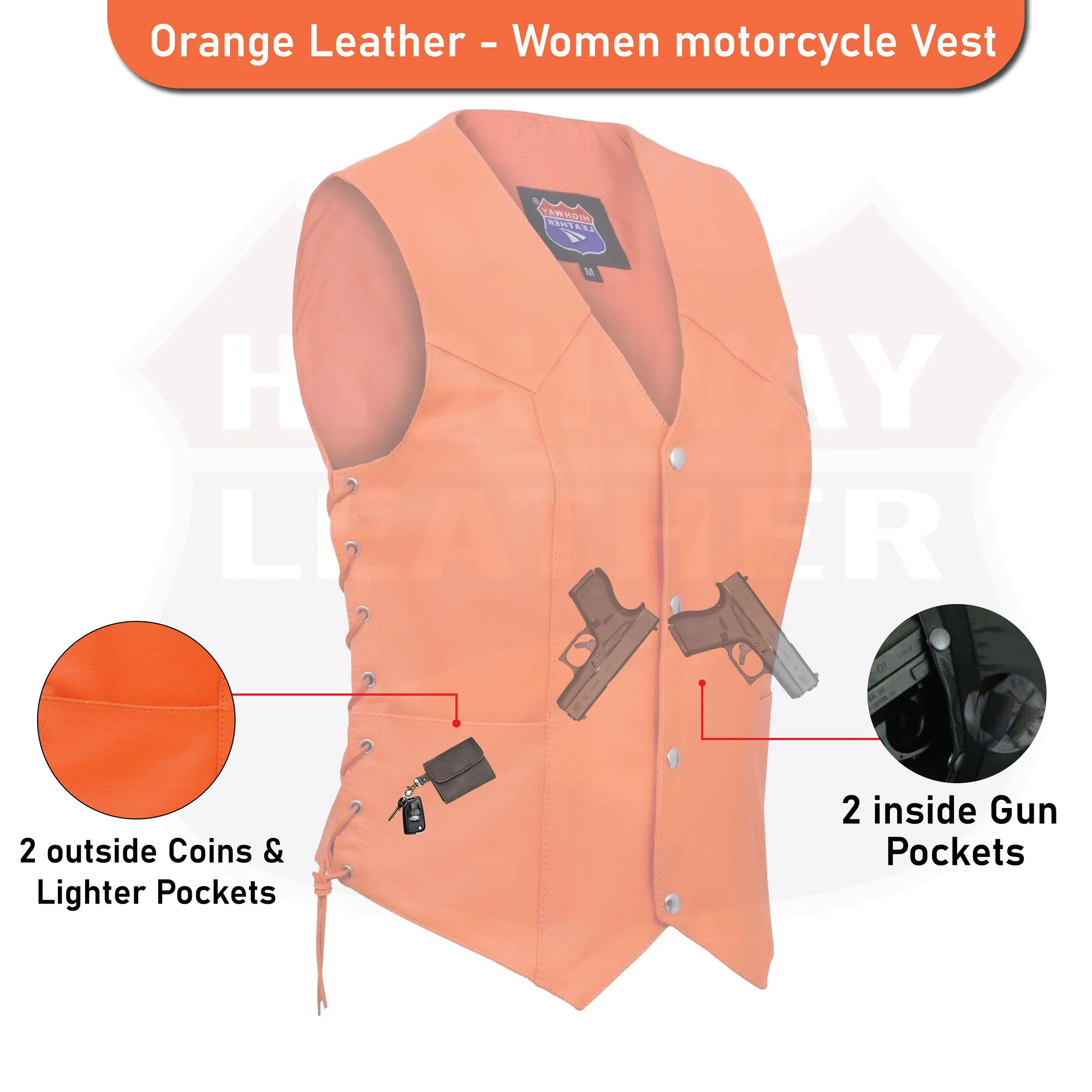 HL14501Orange Leather - Women motorcycle leather Vest ORANGE