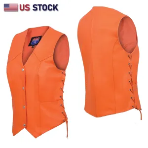 HL14501Orange Leather - Women motorcycle leather Vest ORANGE
