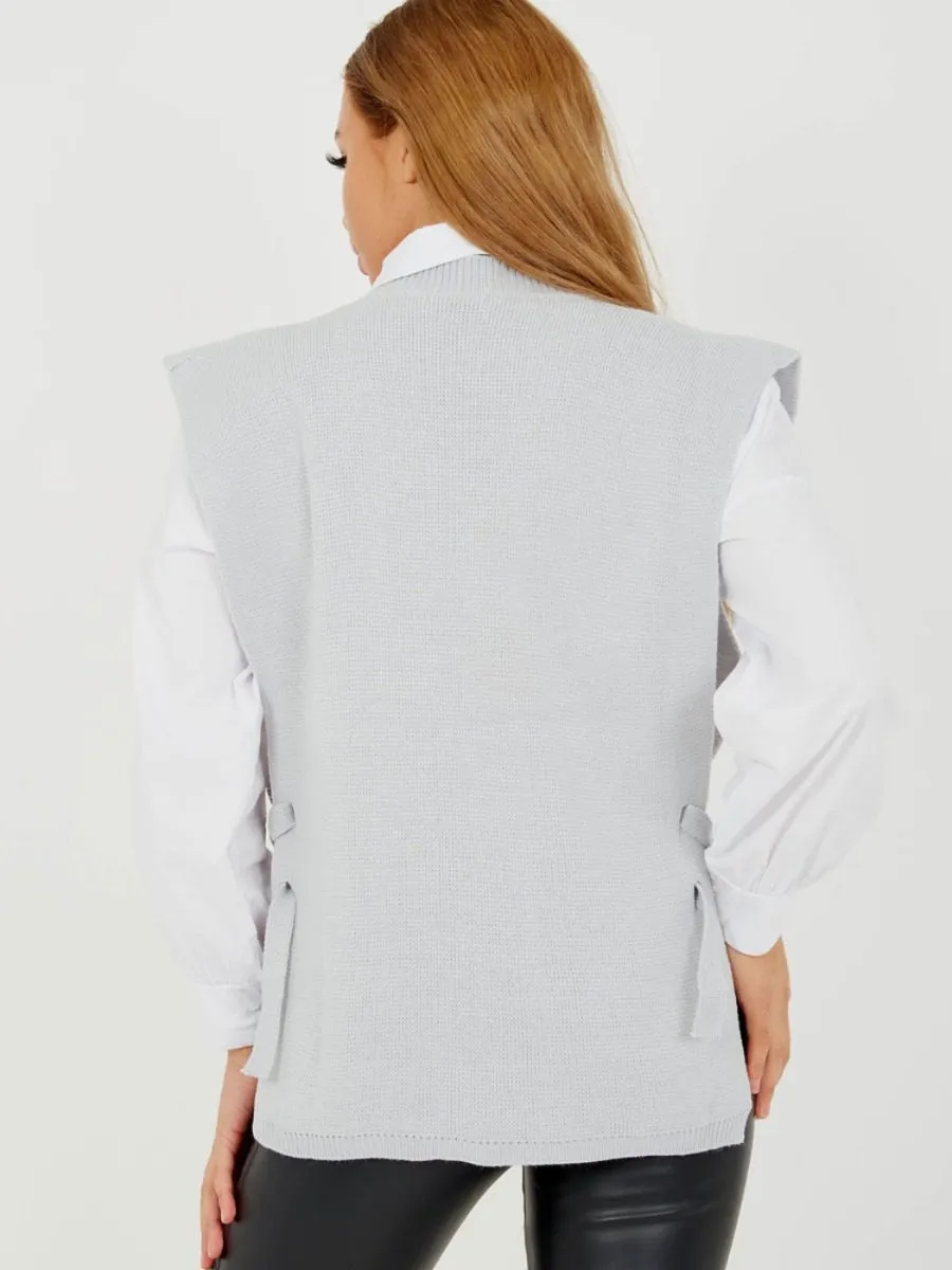Kathrine Tie Side Crew Neck Knitted Vest In Grey