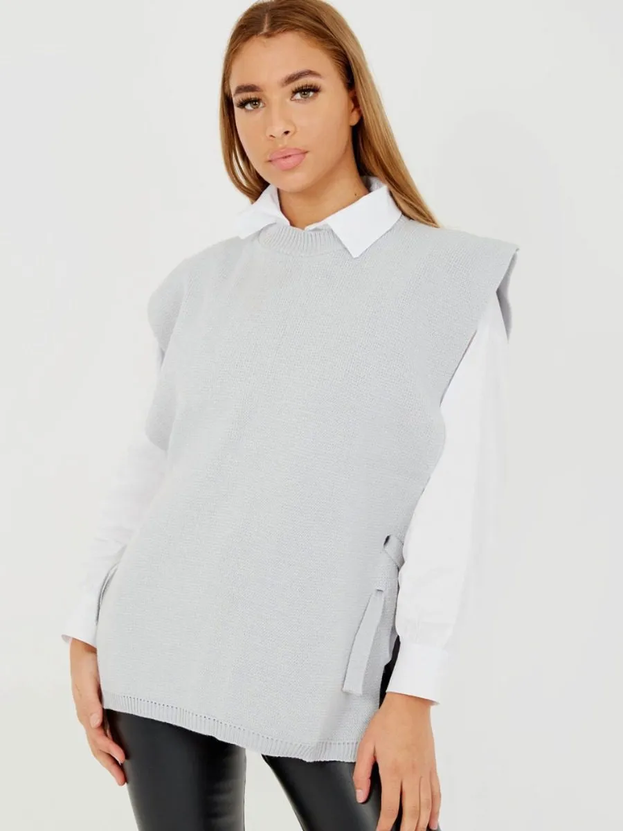Kathrine Tie Side Crew Neck Knitted Vest In Grey