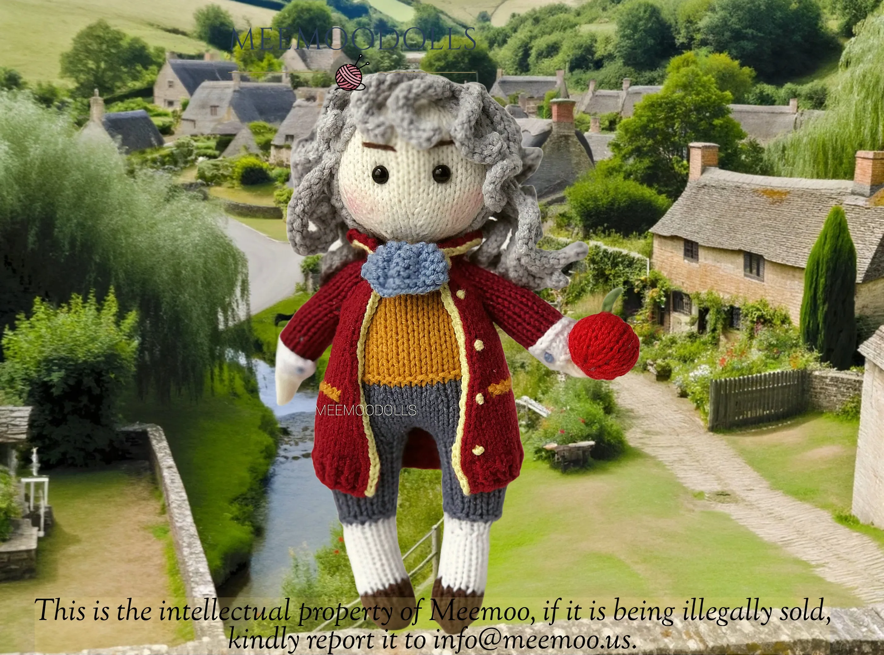 Knit ISSAC NEWTON. Knitting Iconic Dolls. Knitted toy patterns. Meemoodolls.