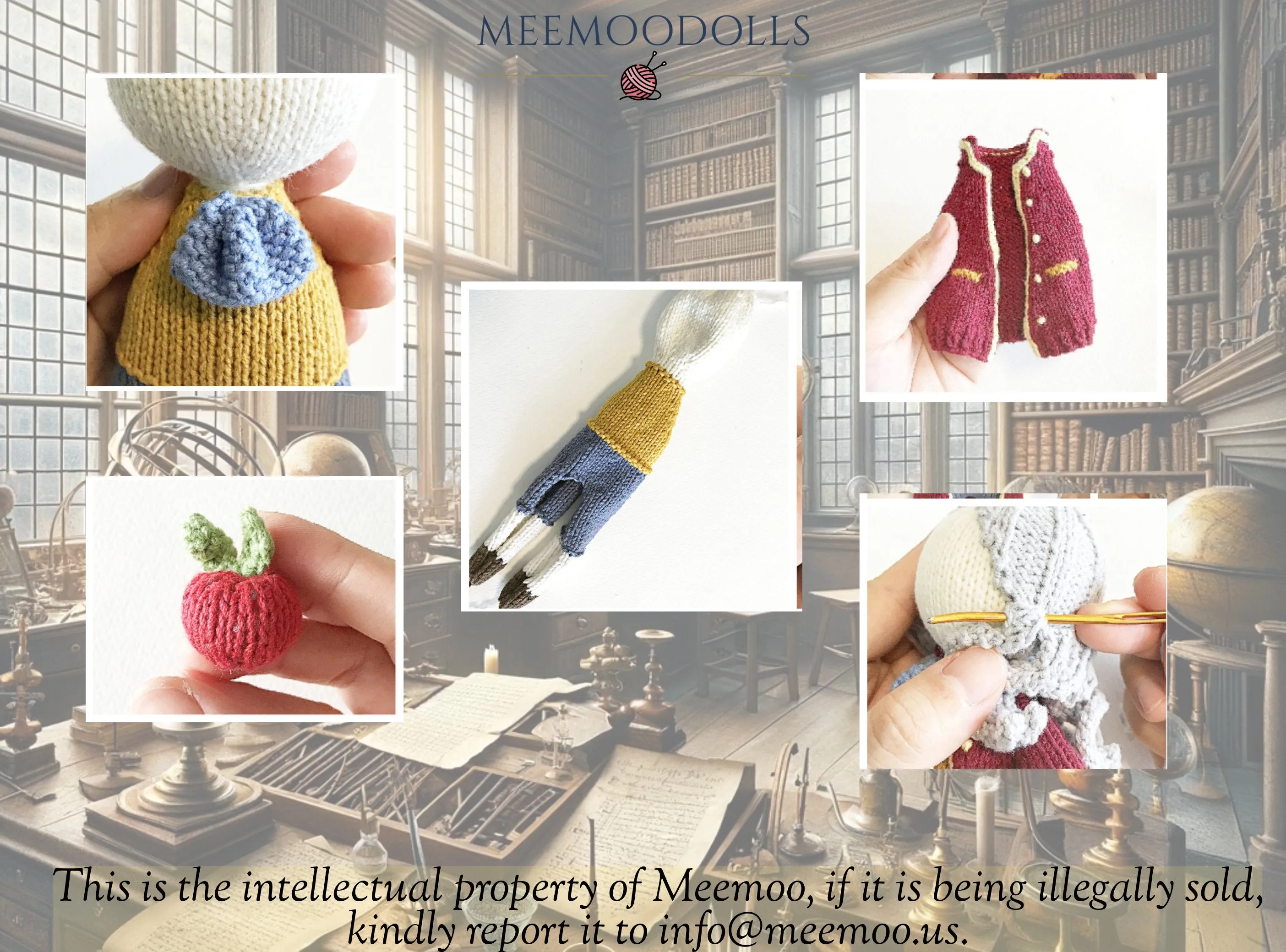 Knit ISSAC NEWTON. Knitting Iconic Dolls. Knitted toy patterns. Meemoodolls.