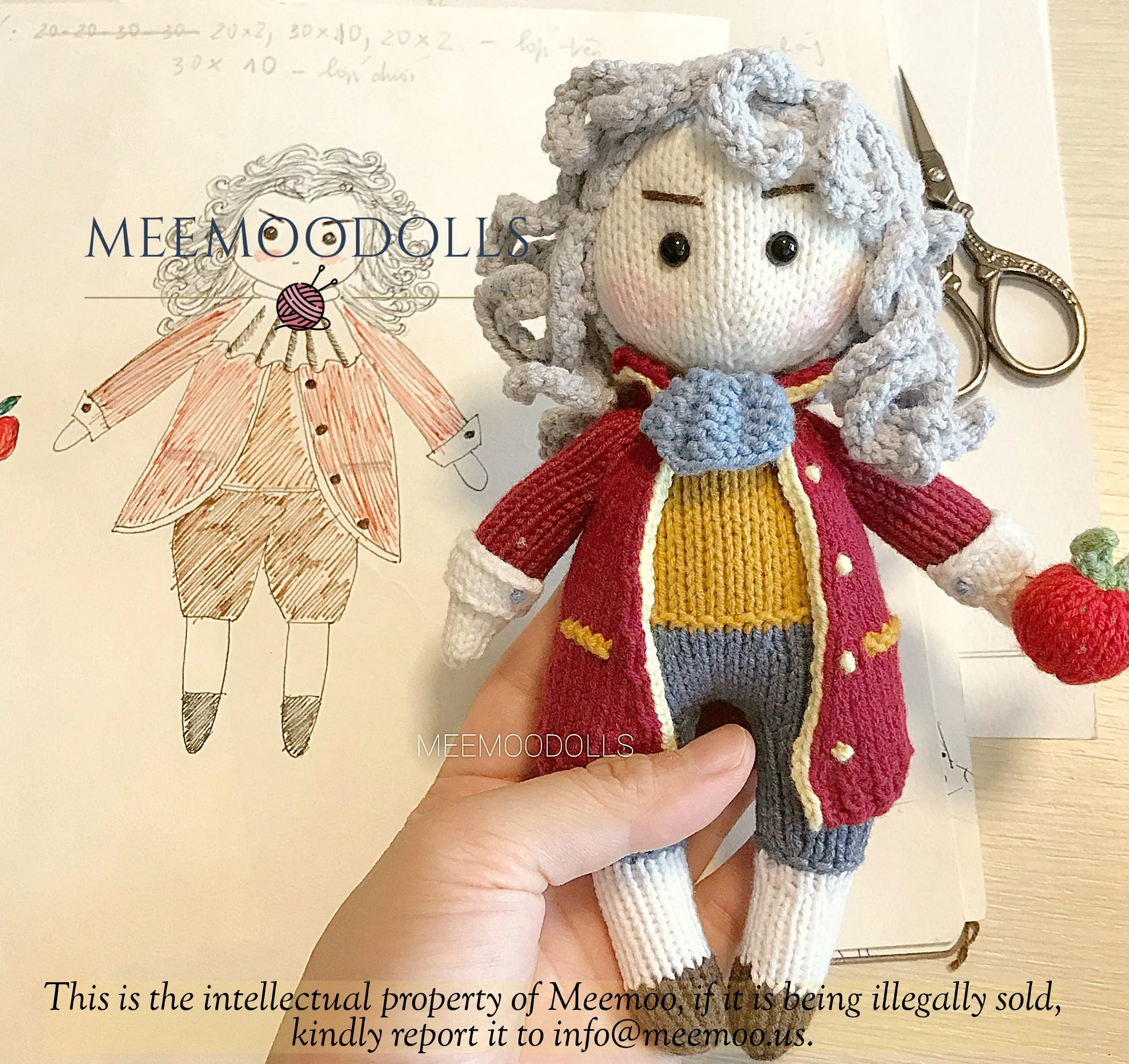 Knit ISSAC NEWTON. Knitting Iconic Dolls. Knitted toy patterns. Meemoodolls.
