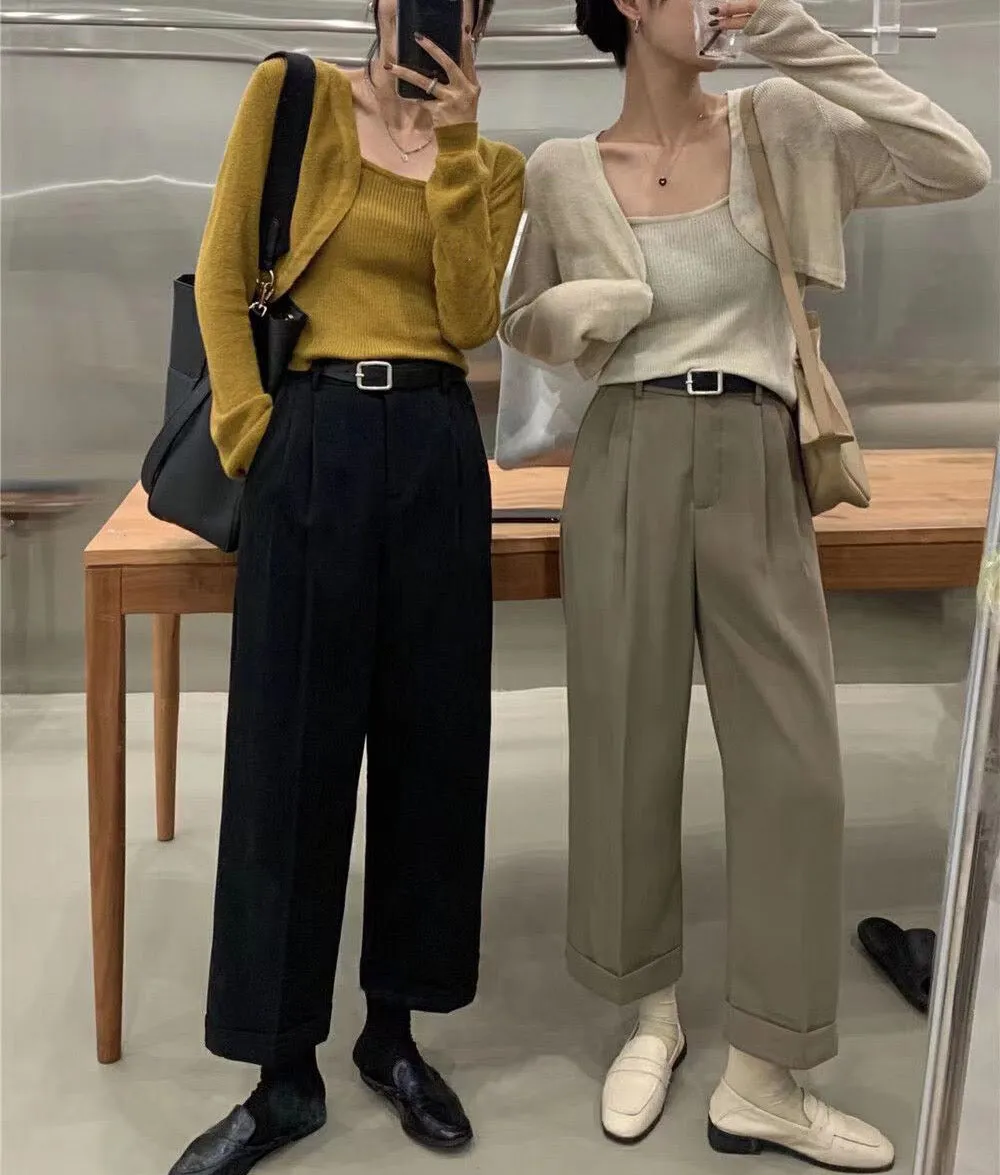 [Korean Style] 4 Color High Waist Wide Leg Straight Cropped Trousers
