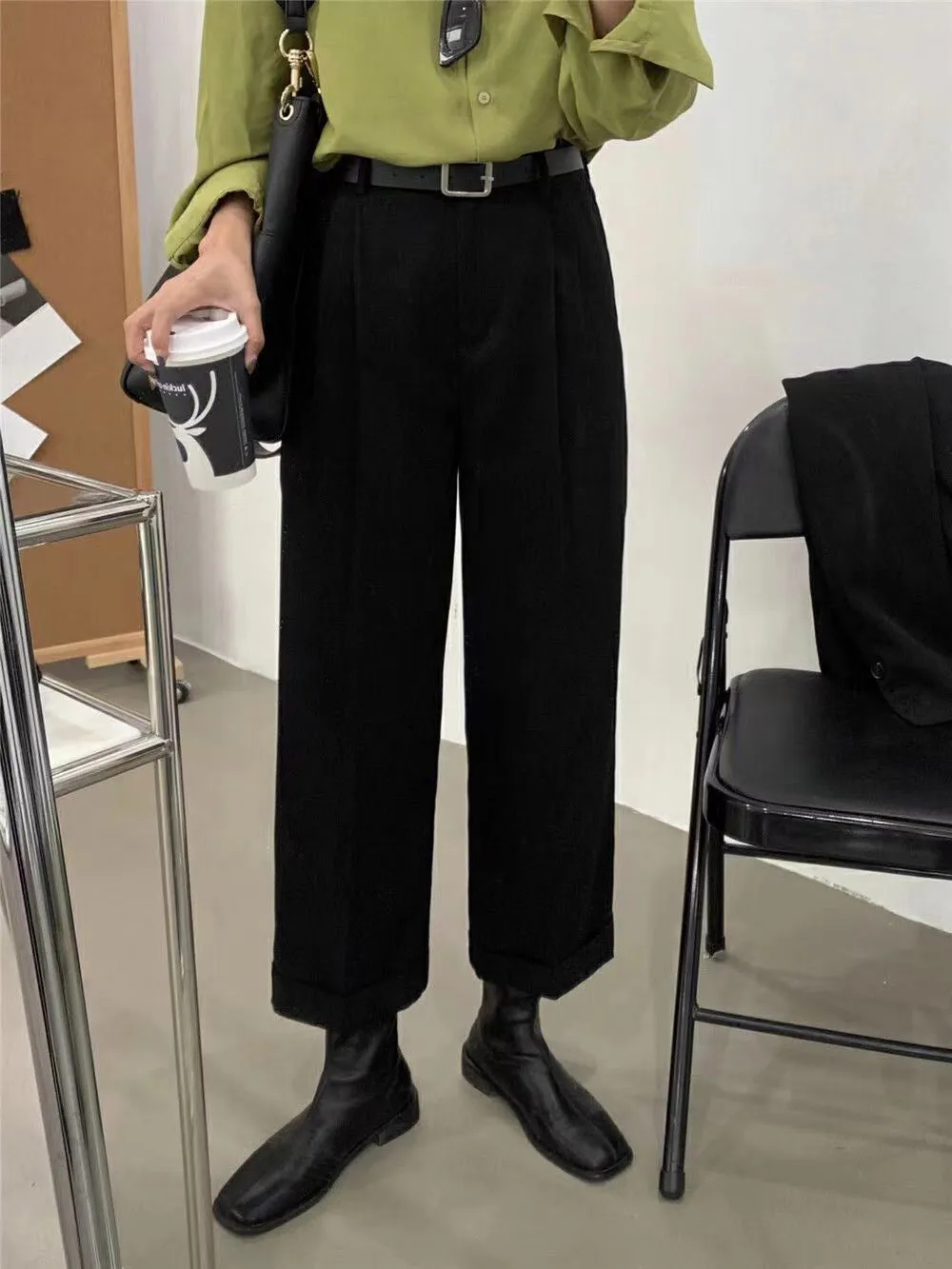 [Korean Style] 4 Color High Waist Wide Leg Straight Cropped Trousers