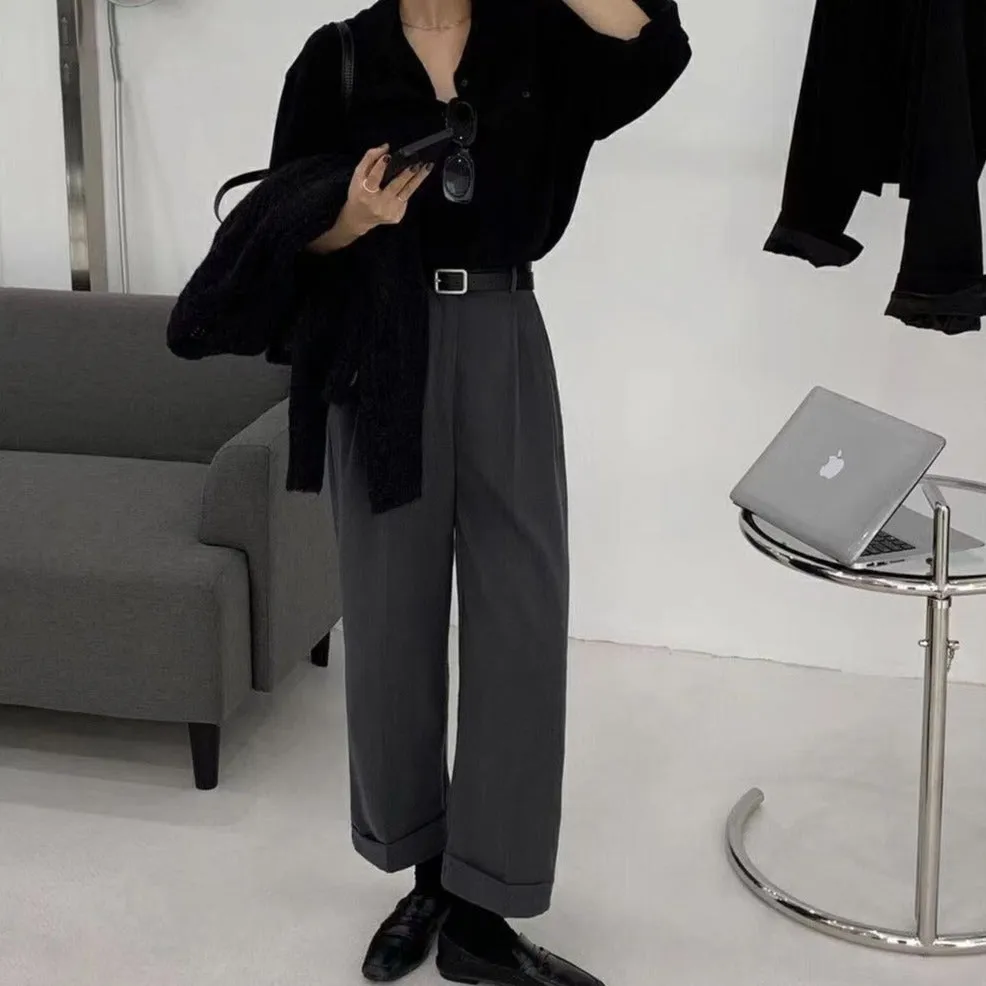 [Korean Style] 4 Color High Waist Wide Leg Straight Cropped Trousers
